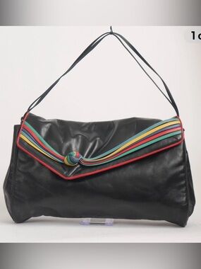 Vintage 80s Sharif Black leather multi color asymmetrical flap Shoulder Bag